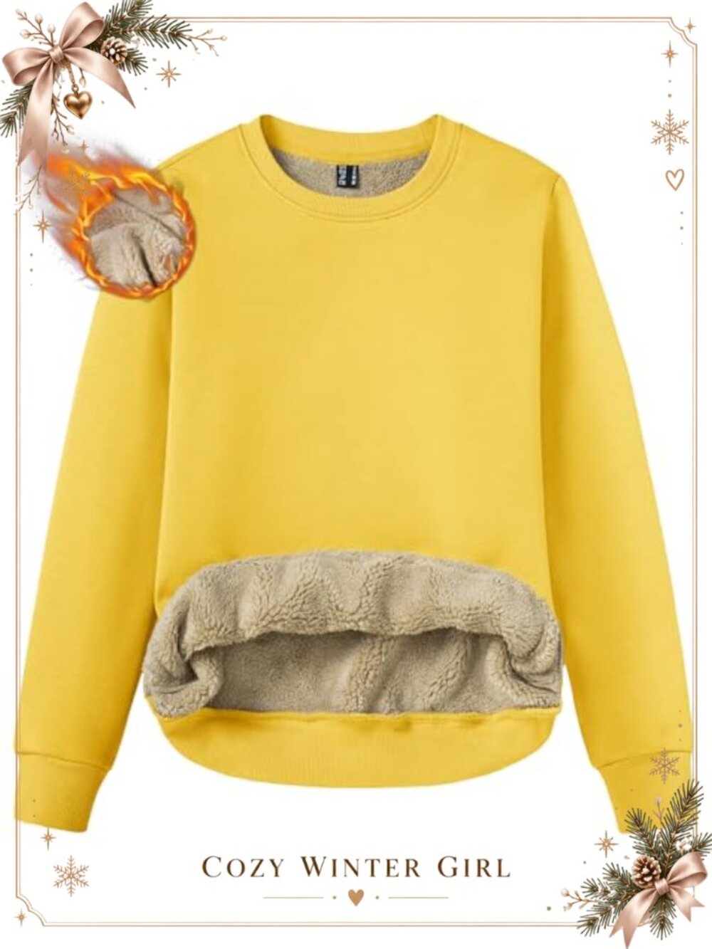 Sherpa Lined Cotton Fleece Sweatshirt Crewneck Warm Pullover Thermal Winter Top